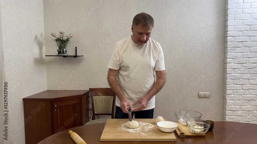 Dough video Recipe for making steps. fourth step. Kneading dough on wooden table. Step by step recipe. Healthy cooking at home in the kitchen according to recipe Dough video Recipe for making steps. fourth step. Kneading dough on wooden table. Step by step recipe. Healthy cooking at home in the kitchen according to recipe