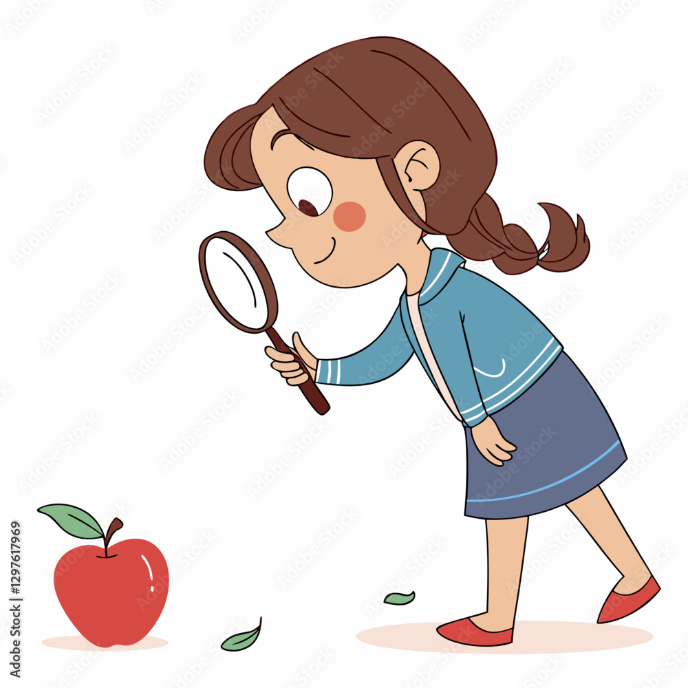 Cute Cartoon Girl Exploring a Red Apple with Magnifying Glass Illustration Cute Cartoon Girl Exploring a Red Apple with Magnifying Glass Illustration