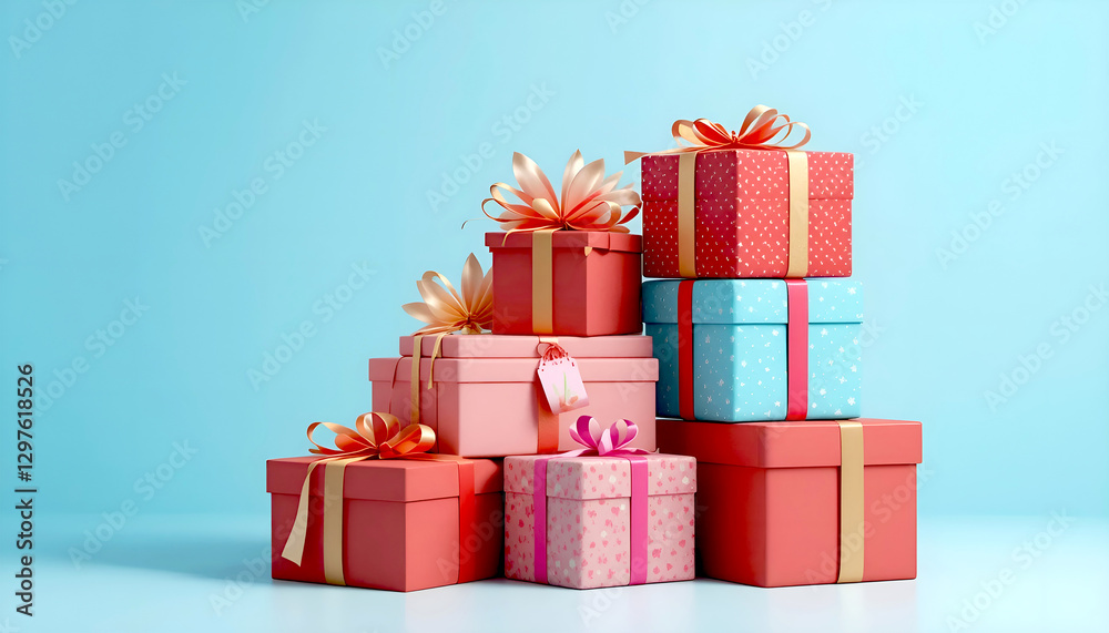 Obraz premium 3D render of a stack of gift boxes isolated on a deep blue background, ultra-realistic photography with soft studio lighting.