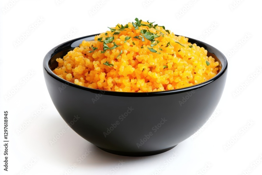 glossy black bowl with a shiny couscous pile herbs sprinkled set against a clean white background light and savory glossy black bowl with a shiny couscous pile herbs sprinkled set against a clean white background light and savory