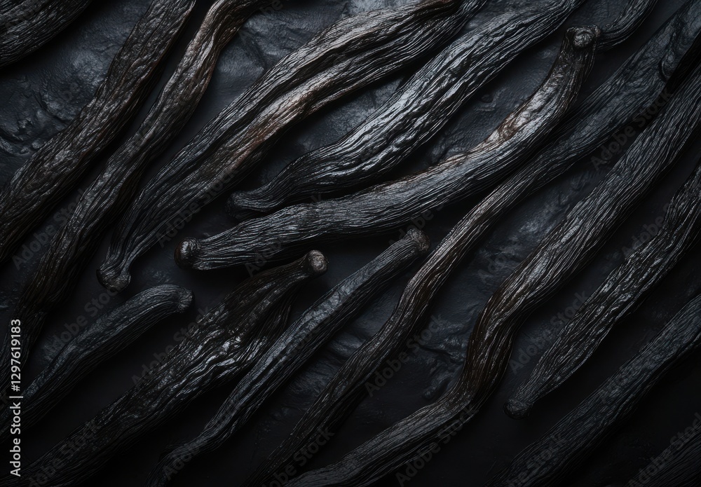 Obraz premium Close-Up View of Dark Vanilla Pods Arranged on a Textured Background Perfect for Culinary and Natural Product Themes