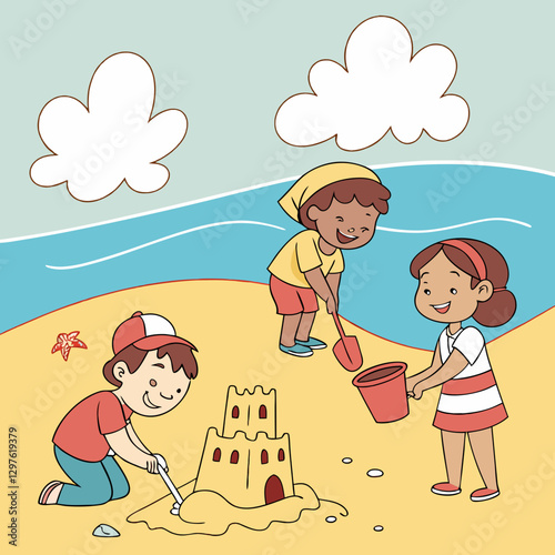 Kids enjoying seaside fun building sandcastles, vibrant children's illustration