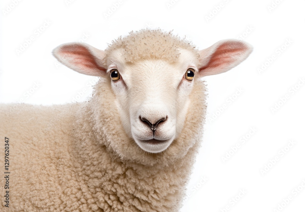 Close up portrait of a sheep against a white background. The sheep has a calm expression and its wool is light beige. The image is well lit and shows Close up portrait of a sheep against a white background. The sheep has a calm expression and its wool is light beige. The image is well lit and shows