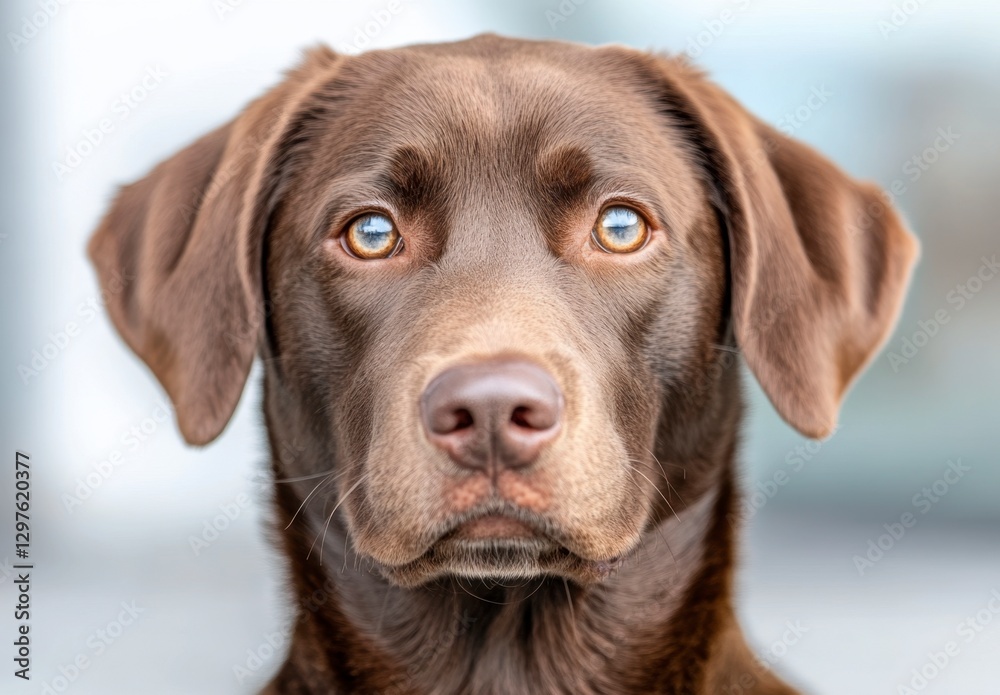 Close up portrait of a chocolate Labrador Retriever dog, looking directly at the camera. The dog's fur is short and smooth, its eyes are clear and Close up portrait of a chocolate Labrador Retriever dog, looking directly at the camera. The dog's fur is short and smooth, its eyes are clear and