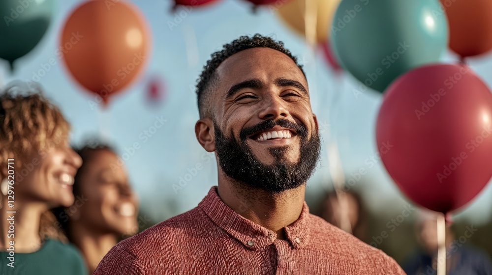 Obraz premium Joyful Man Smiles Amidst Colorful Balloons at Festive Celebration