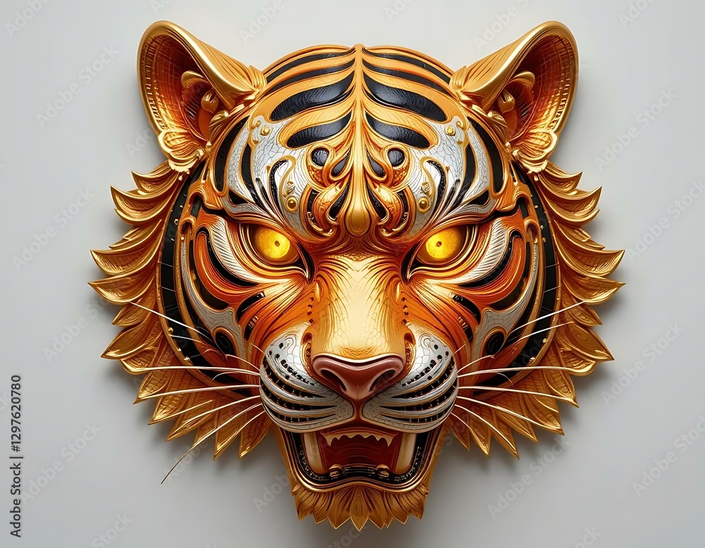 Fototapeta premium Ornate Golden Tiger Head Sculpture with Striking Details and Bright Eyes