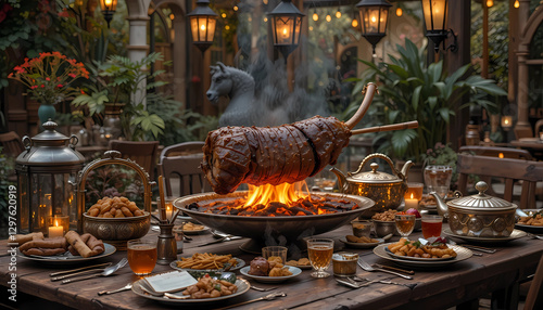 
A rustic yet luxurious outdoor dining setup featuring a Turkish whole lamb roast, skewered over an open flame, surrounded by antique lanterns, silver-plated serving dishes, and traditional Turkish te