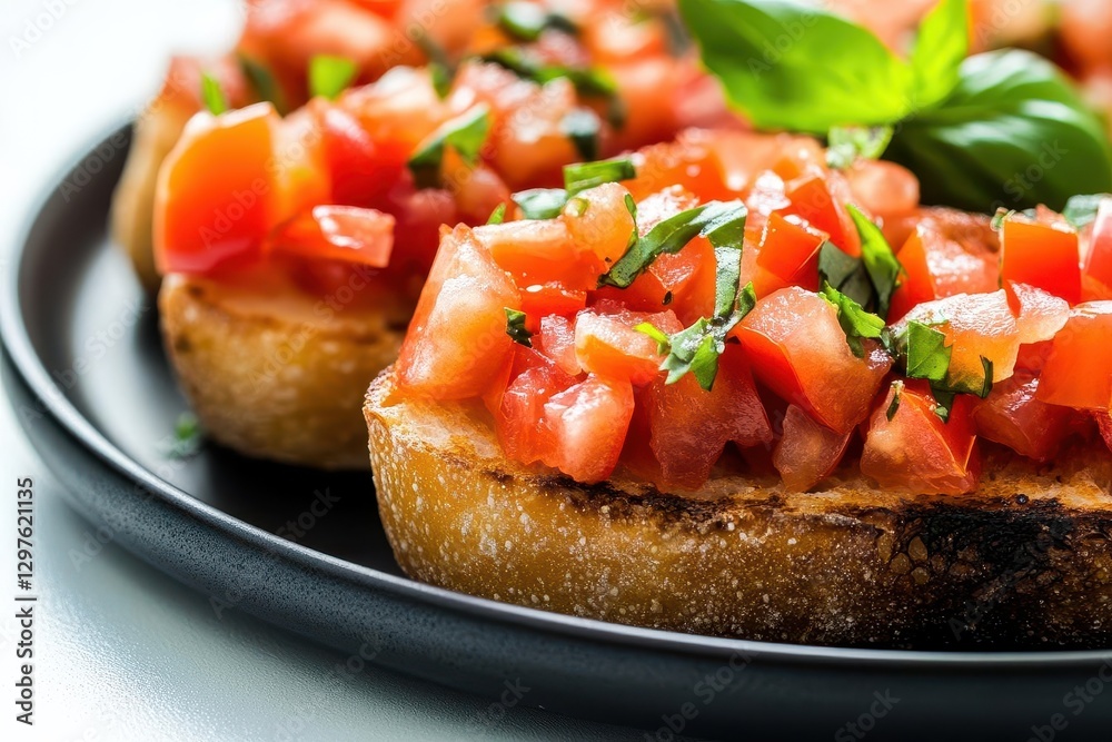 glossy black plate with a shiny bruschetta tomato topping glowing set against a clean white background fresh and savory glossy black plate with a shiny bruschetta tomato topping glowing set against a clean white background fresh and savory