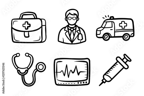 A set of hand-drawn medical and healthcare icons, including a first aid kit, doctor, ambulance, stethoscope, heart monitor, and syringe, in black outline style