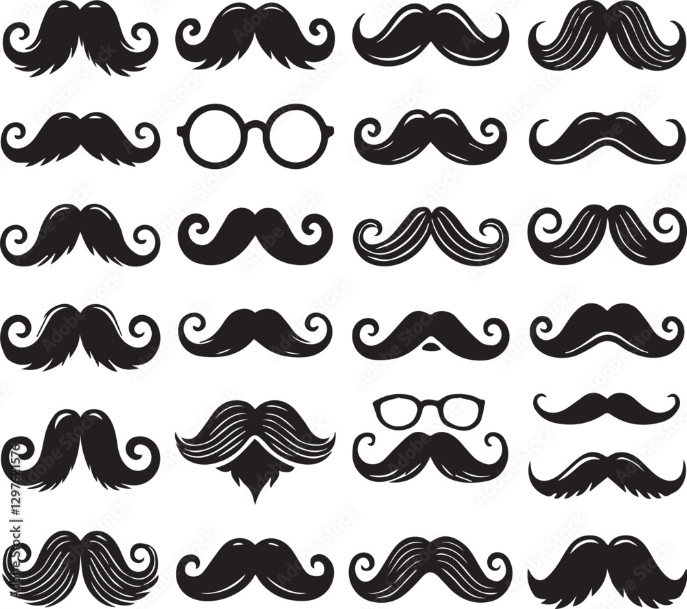 Mustache silhouette vector design set, Mustache vector illustration set, Mustache logo vector set, Mustache silhouette vector bundle black and white