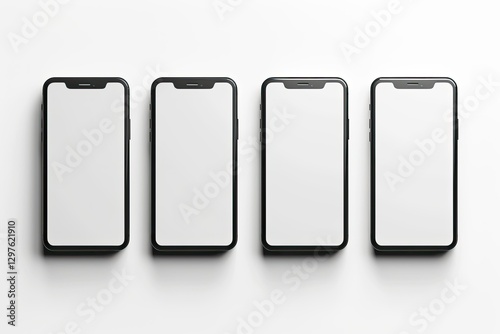 Set of Four Smartphones, Blank Screen and Isolated on White Background Template, Mockup