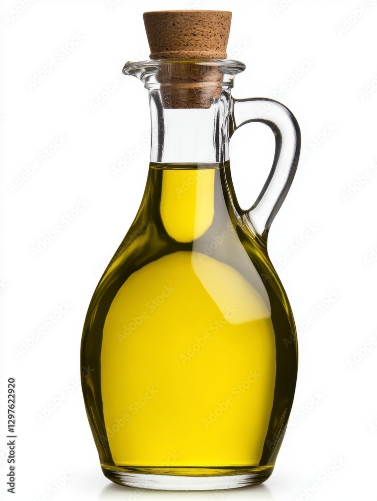 Golden yellow olive oil in a clear glass bottle with a cork stopper against a white background Golden yellow olive oil in a clear glass bottle with a cork stopper against a white background