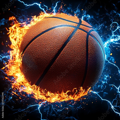 A dynamic image of a basketball engulfed in flames and surrounded by electric sparks, symbolizing energy and excitement in sports. Perfect for promoting athleticism and passion.