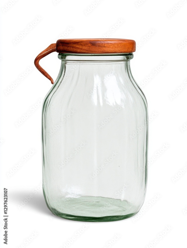 Empty clear glass jar with a brown wooden lid and a small handle. Studio shot on white background Empty clear glass jar with a brown wooden lid and a small handle. Studio shot on white background