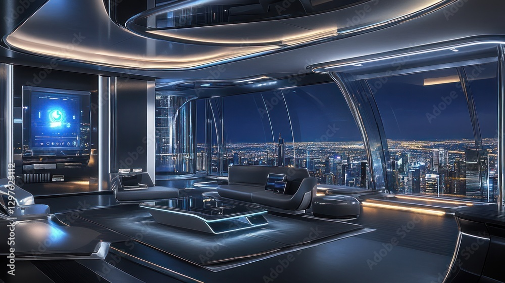 Obraz premium Futuristic Penthouse Apartment with Stunning Night City View