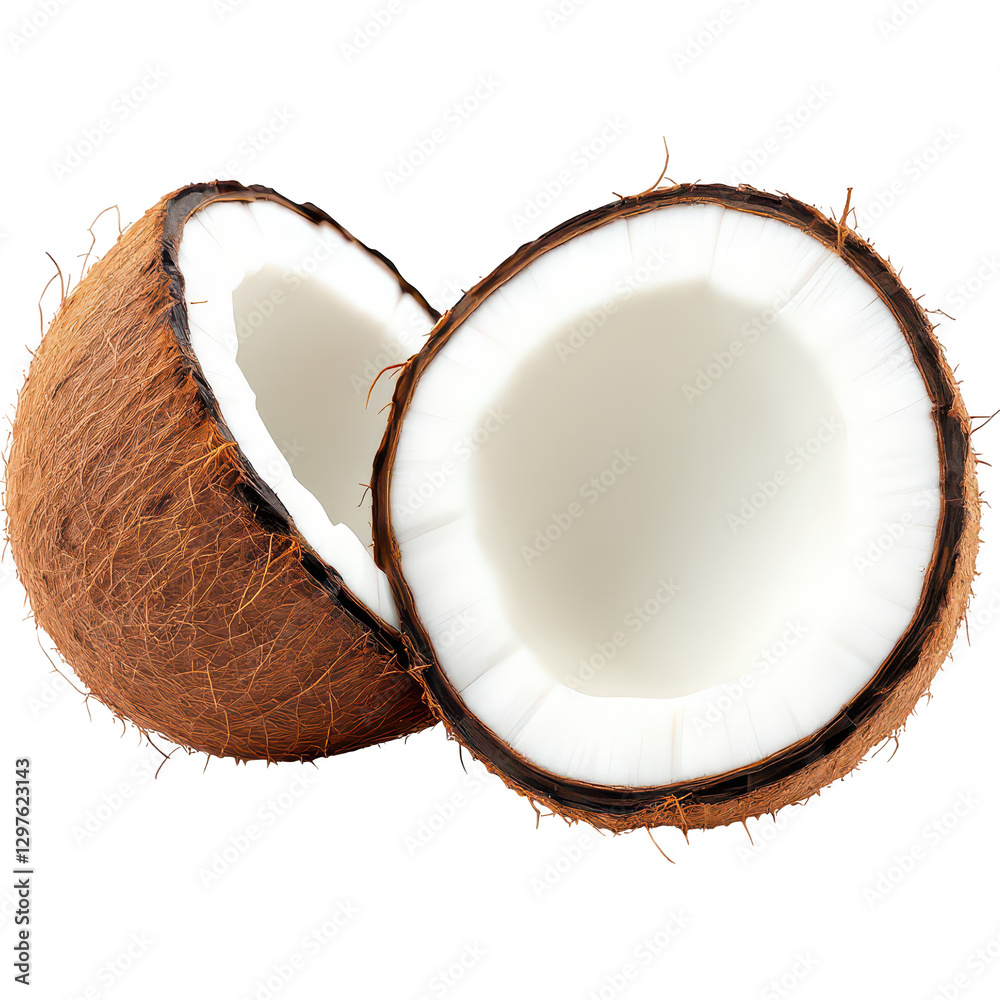 A half-cut coconut with a rough, brown fibrous shell and smooth, white flesh, isolated on a white background A half-cut coconut with a rough, brown fibrous shell and smooth, white flesh, isolated on a white background
