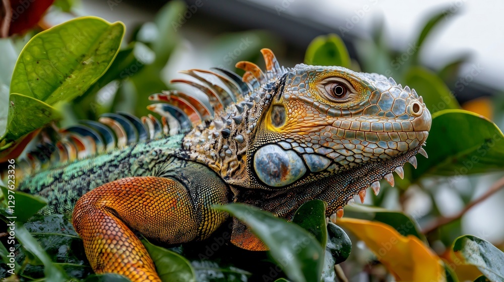 Obraz premium Vibrant Emerald Iguana in Lush Rainforest Close up