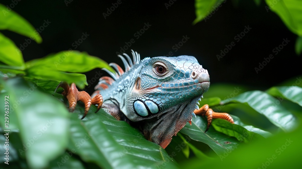 Emerald Iguana in Rainforest Close up Reptile Tropical Wildlife Nature Exotic Lizar Emerald Iguana in Rainforest Close up Reptile Tropical Wildlife Nature Exotic Lizar