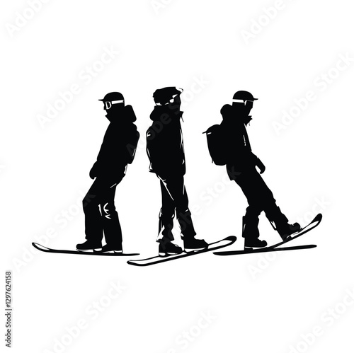 Snowboarding collection. Vector illustration of a man in red winter jacket in different poses in action on the snowboard. Isolated on white