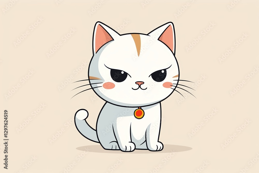 cartoon cat with a collar and eyes sitting on a beige background