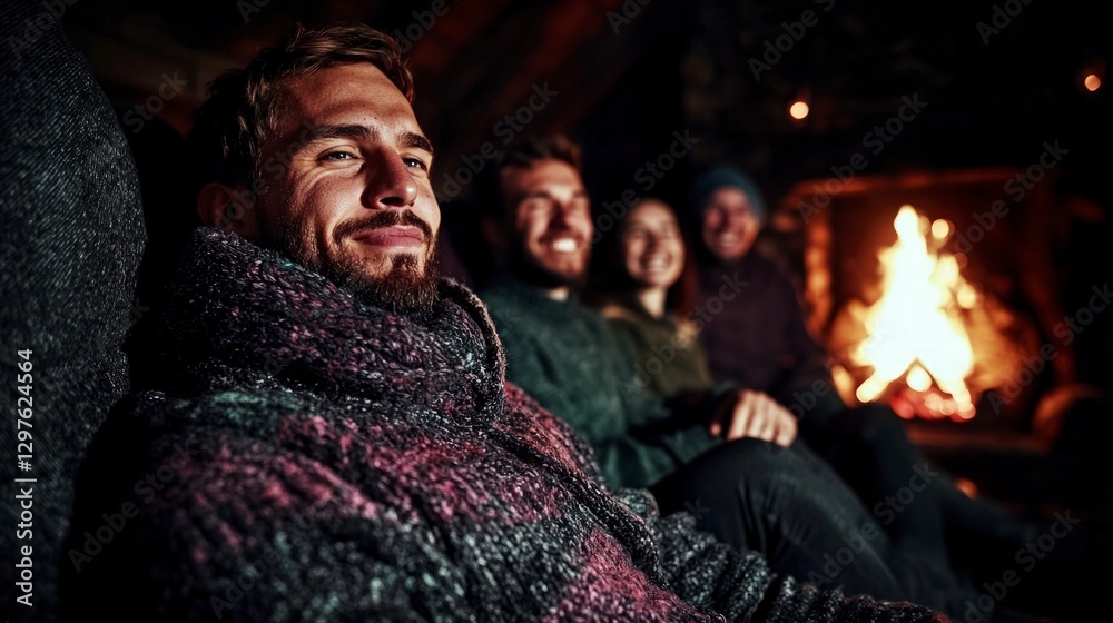Obraz premium Cozy Friends by Fireplace Winter Evening Relaxing Together