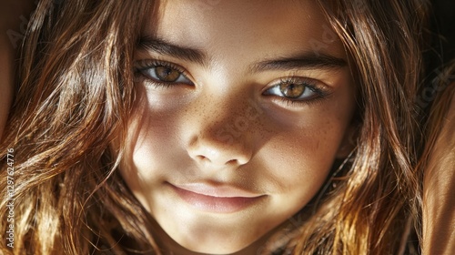 Girl s Portrait  Youthful  Freckled Face  Brown Hair  Innocence  Serene Beauty photo