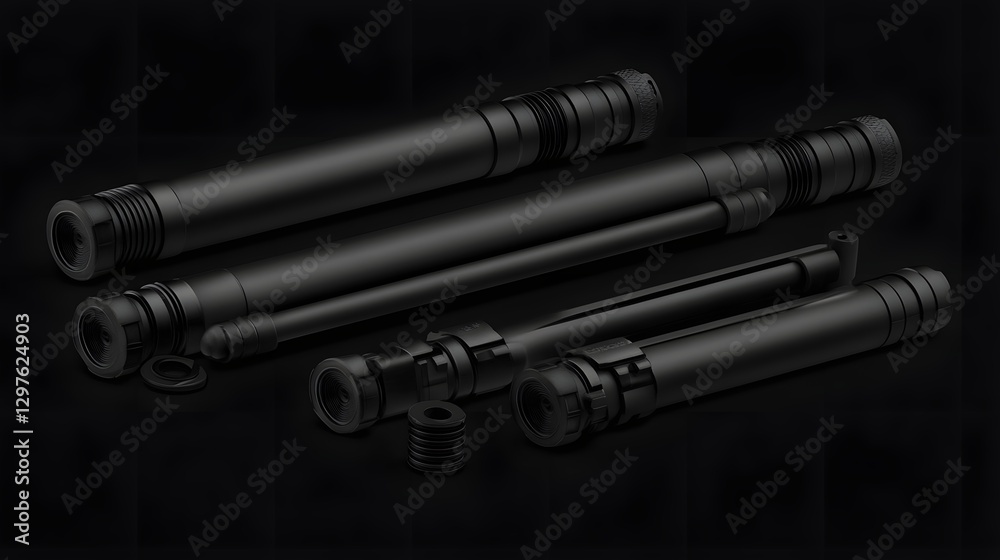 Collection of sleek black mechanical components arranged on a dark surface, showcasing precision design Collection of sleek black mechanical components arranged on a dark surface, showcasing precision design