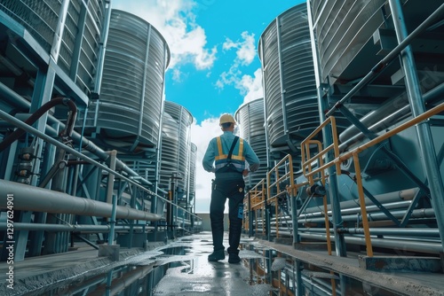 Ultra Quality Picture of Engineer Checking Industrial Cooling Tower System