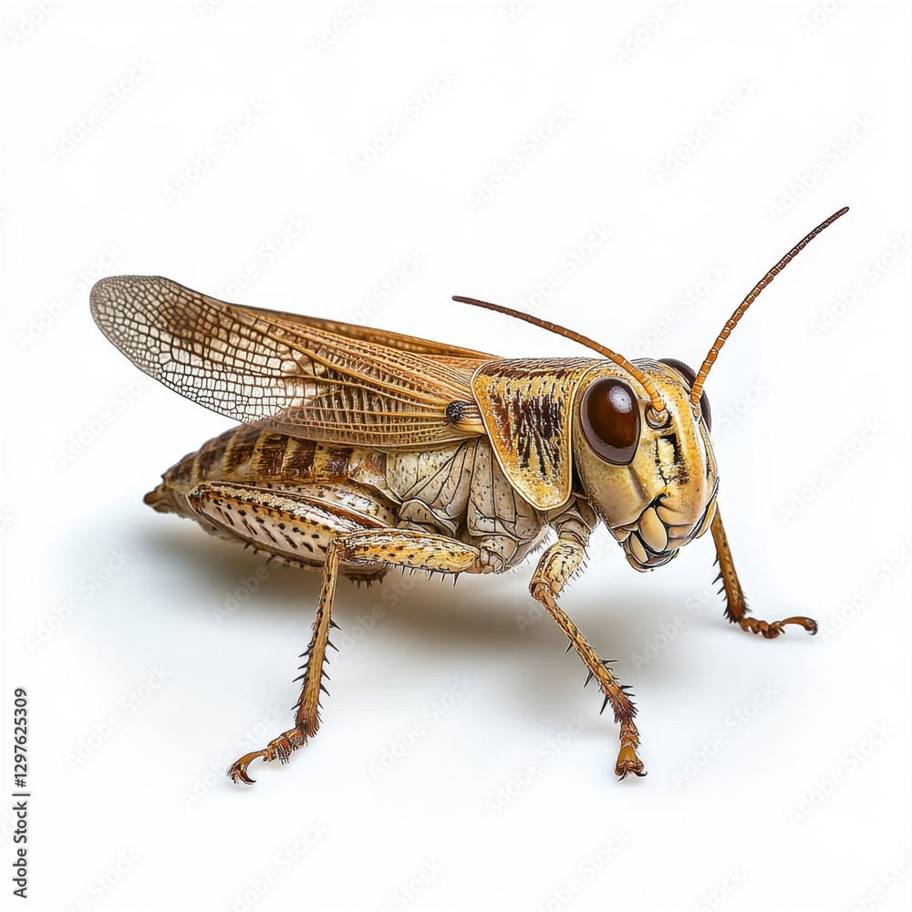 Detailed close up of a brown grasshopper against a bright white background. The insect's intricate details, including its legs, antennae, and eyes Detailed close up of a brown grasshopper against a bright white background. The insect's intricate details, including its legs, antennae, and eyes