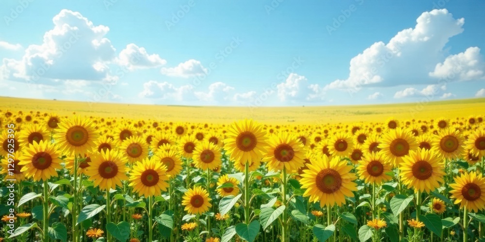 Obraz premium A vibrant field of sunflowers basking in the summer sun's golden rays, under a bright sky dotted with fluffy white clouds, creating a picturesque pastoral scene.