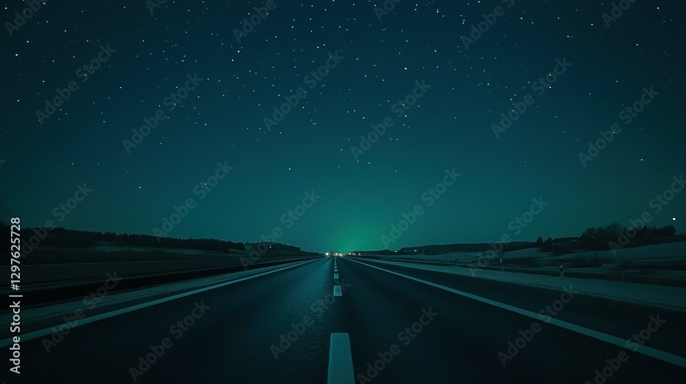 Fototapeta premium A long asphalt road under a vast dark starry sky