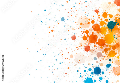 White background with splatters of paint in various colors. The splatters are scattered all over the background, creating a sense of chaos and disorder. The colors of the paint are bright and bold