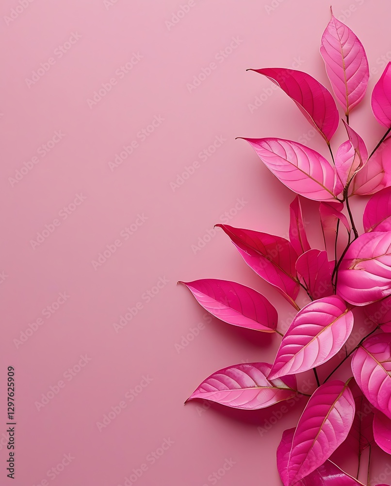Elegant composition of vibrant pink leaves arranged on a soft pink background, creating a stylish and minimalist aesthetic with a monochromatic theme, ideal for modern design and decor.

