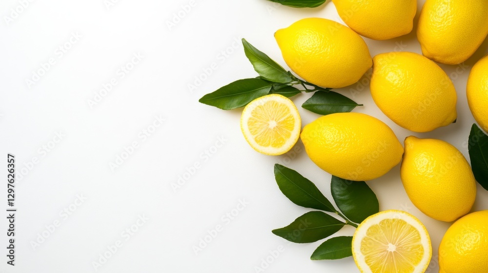 Bright yellow lemons and green leaves arranged on a white background. Some lemons are whole, others are sliced, creating a vibrant and fresh image Bright yellow lemons and green leaves arranged on a white background. Some lemons are whole, others are sliced, creating a vibrant and fresh image