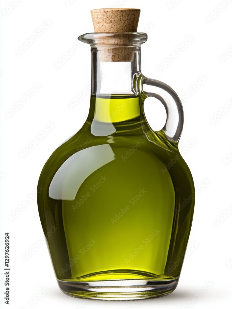 A glass bottle of bright green olive oil with a cork stopper, set against a white background. The bottle is full and shows the oil's translucency A glass bottle of bright green olive oil with a cork stopper, set against a white background. The bottle is full and shows the oil's translucency