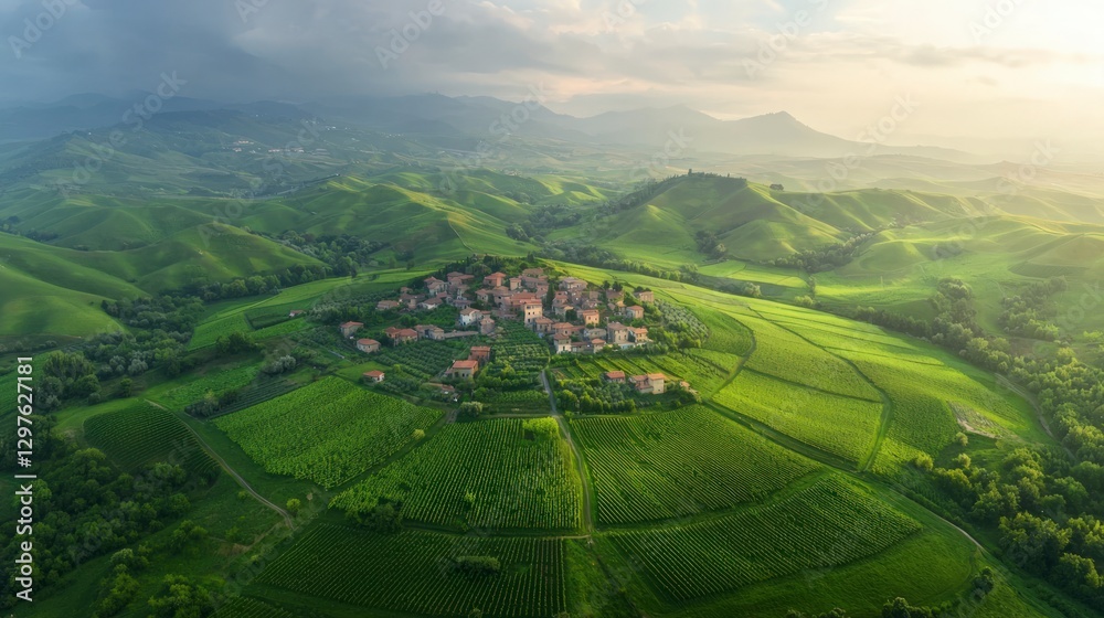 Obraz premium Aerial View Italian Countryside Rolling Hills Vineyards Village
