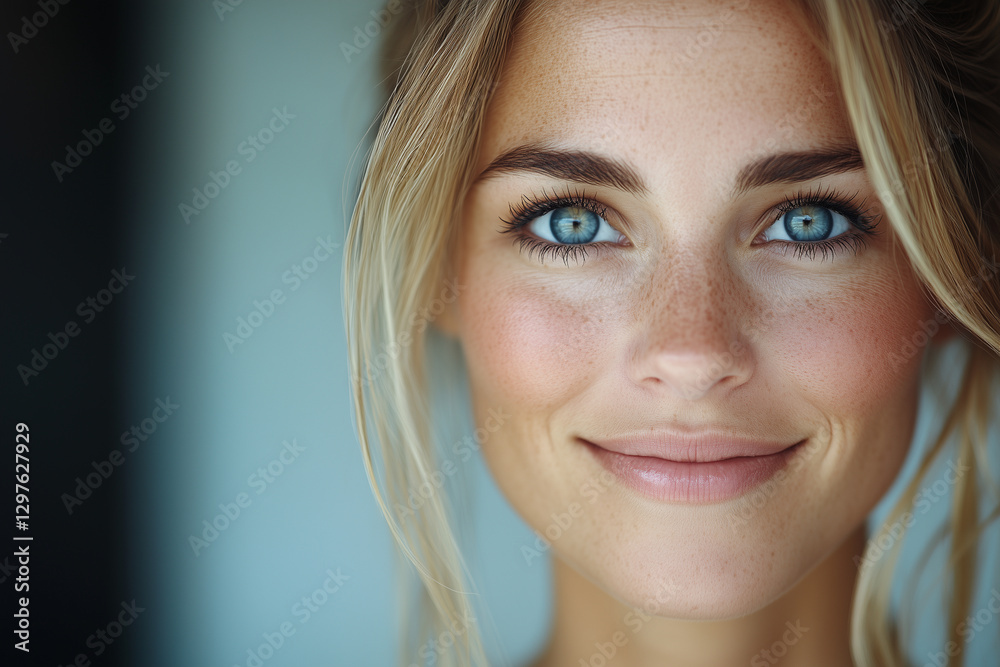 Naklejka premium smiling woman with blue eyes and blonde hair, showcasing natural beauty and confidence. Her skin is clear with freckles, and she exudes friendly demeanor