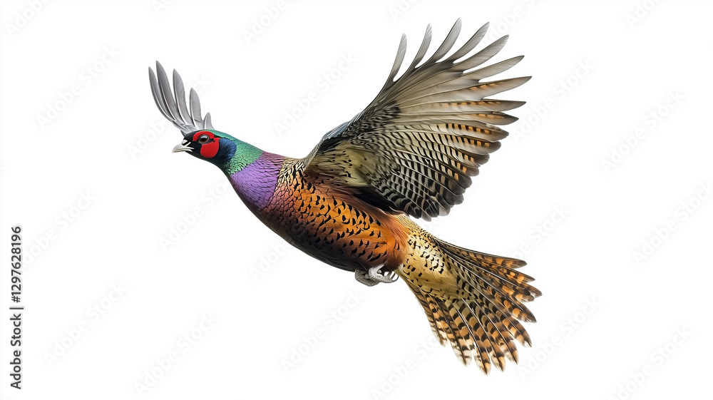 Obraz premium vibrant ring necked pheasant in flight, showcasing its colorful plumage against white background. bird wings are fully extended, highlighting its graceful movement and beauty