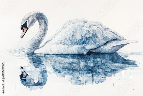 graceful silver swan gliding against a pure white background its reflection shimmering in faint blues a serene portrait of poise and tranquility photo