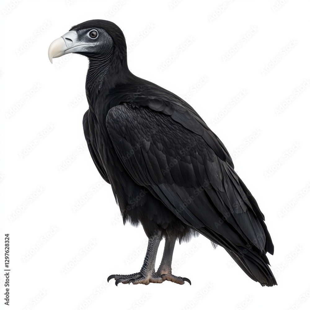 Profile view of a black vulture with white face, standing against a white background. The bird's plumage is dark and detailed, showcasing its Profile view of a black vulture with white face, standing against a white background. The bird's plumage is dark and detailed, showcasing its