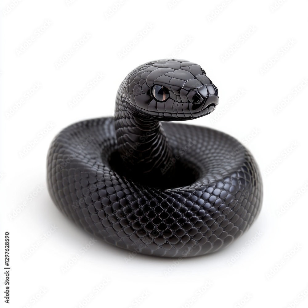 Fototapeta premium Close up of a black snake coiled on a white background. The snake's scales are visible, and its head is slightly raised