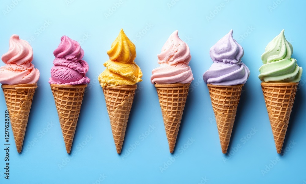 Colorful Ice Cream Cones on a Bright Blue Background Showcasing a Variety of Flavors in a Display of Sweetness and Summer Indulgence Colorful Ice Cream Cones on a Bright Blue Background Showcasing a Variety of Flavors in a Display of Sweetness and Summer Indulgence