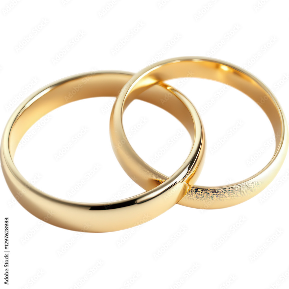 A 3D rendered image of two gold wedding rings with a smooth, polished surface, symbolizing unity and commitment with their gleaming finish.