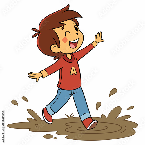 Cartoon boy cheerfully splashing in a muddy puddle, kid friendly image