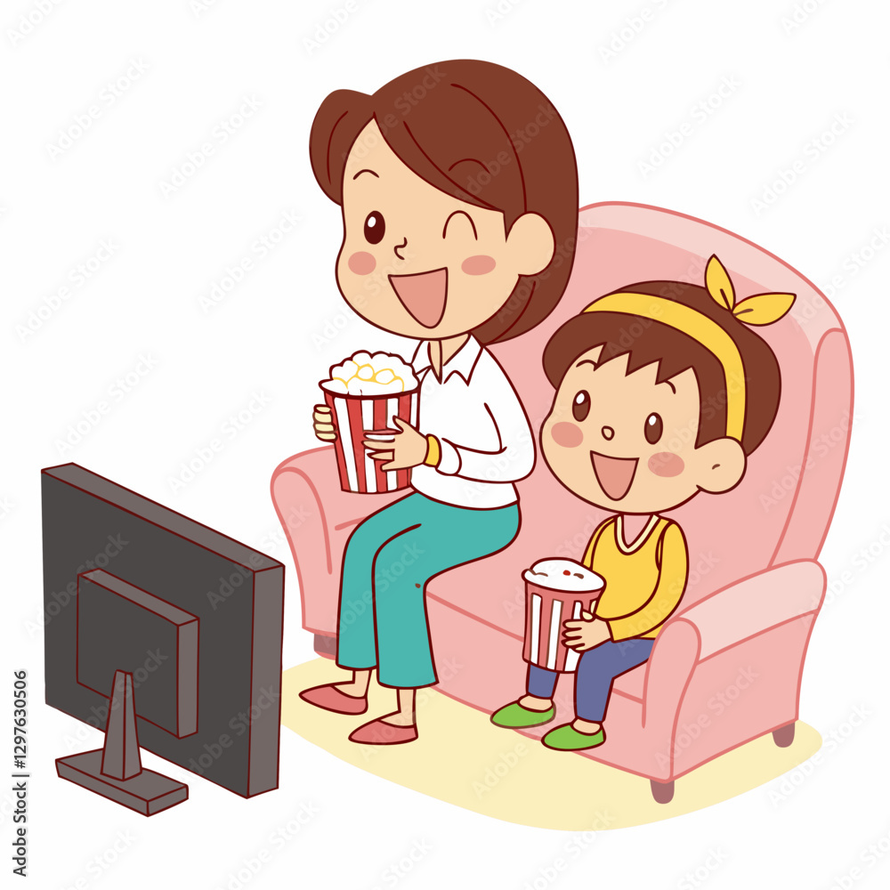 Cheerful mother and child enjoying a movie night with snacks at home Cheerful mother and child enjoying a movie night with snacks at home