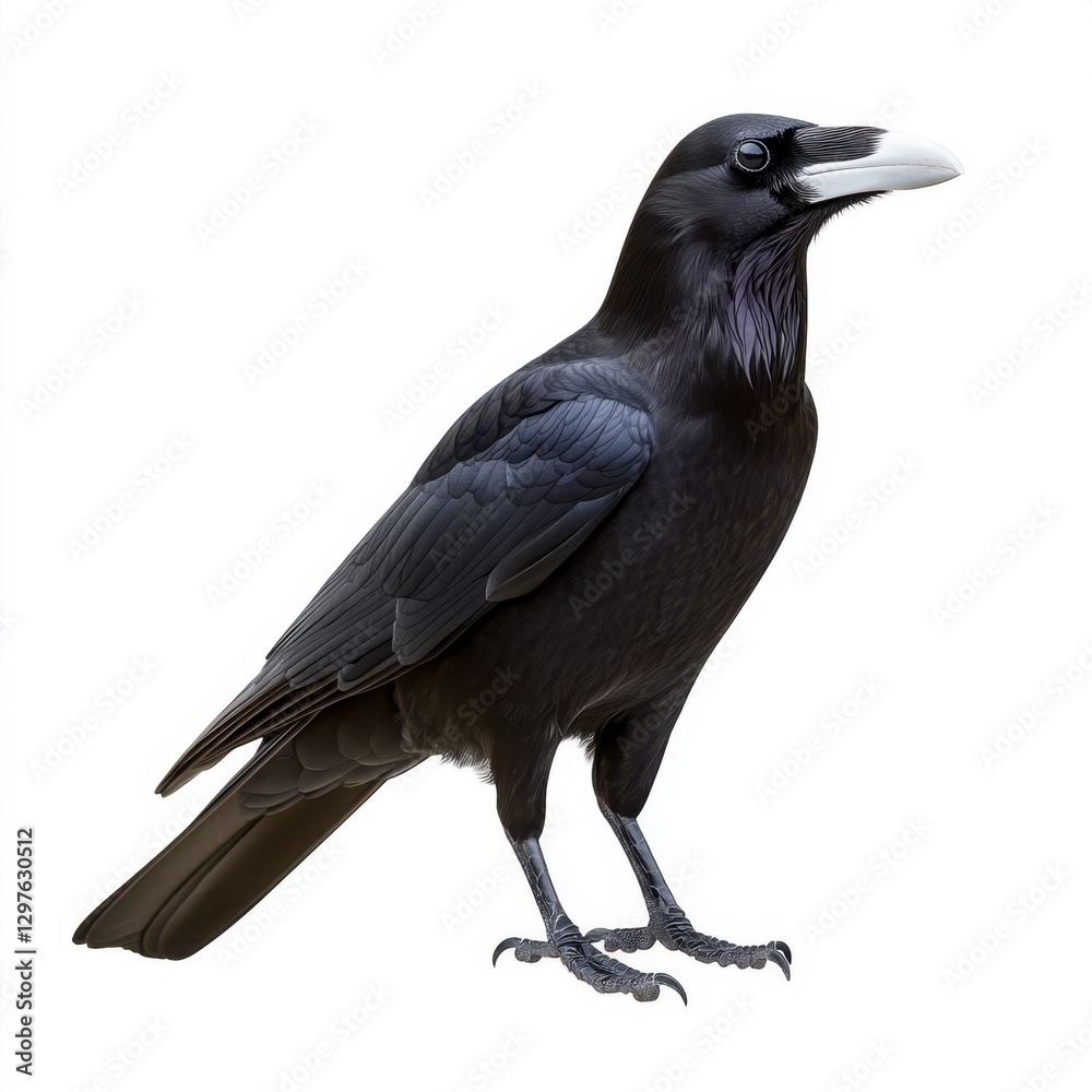 Fototapeta premium A black crow with a distinctive white beak stands against a stark white background. The bird is positioned in a three quarter view, showcasing its