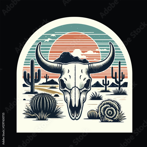 vector bull skull, cacti, mountains, and a setting sun t-shirt