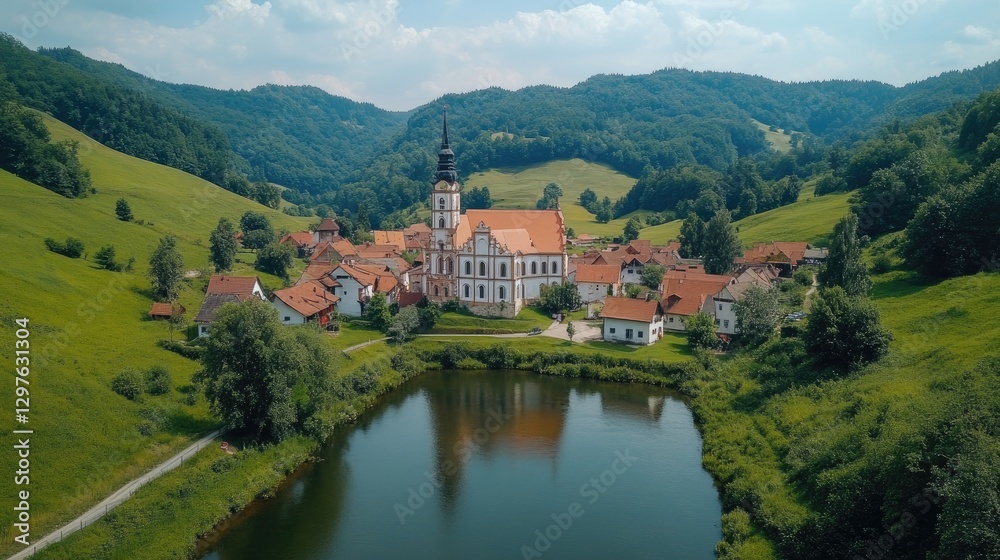 Serene Village Church by Still Lake, Green Hills Serene Village Church by Still Lake, Green Hills