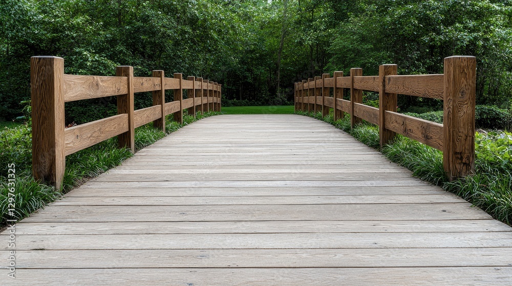 Wooden Bridge Through Lush Green Forest Wooden Bridge Through Lush Green Forest