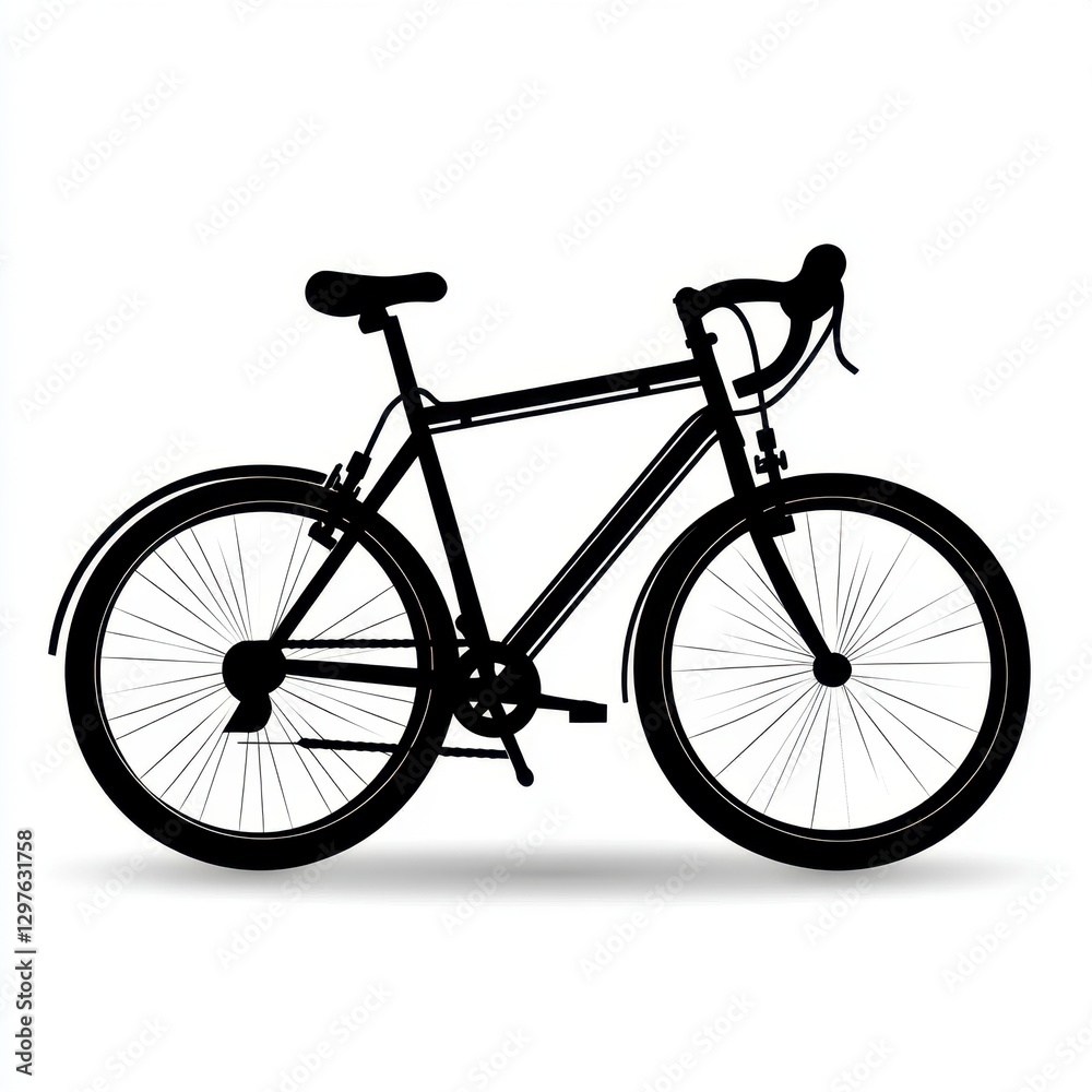 Obraz premium Black and white illustration of a bicycle on a white background. The bicycle is shown in profile view, and it has thin tires. The image is simple and